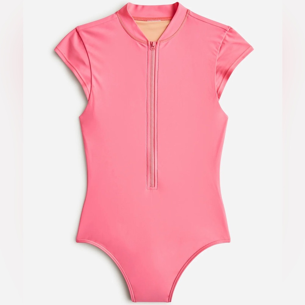 J. Crew 6 Active Short-sleeve Zip-up One-piece Swimsuit Rashguard Pink Swim